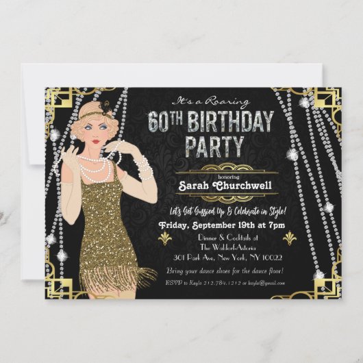 60e verjaardag Deco Gatsby Flapper Girl Uitnodigin Kaart (Voorkant)