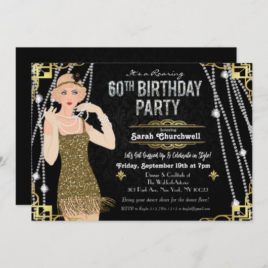 60e verjaardag Deco Gatsby Flapper Girl Uitnodigin Kaart (Voorkant / Achterkant)