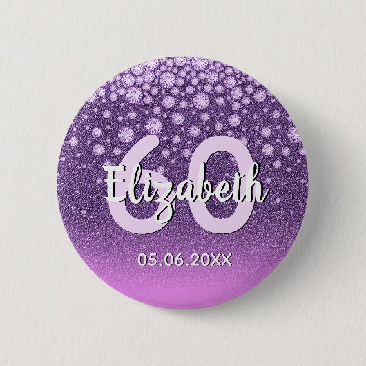 60e verjaardag diamant glitter paars roze ronde button 5,7 cm (Voorkant)