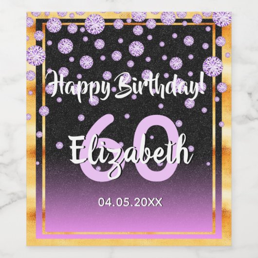 60e verjaardag diamanten glitter paars zwart wijn etiket (Enkel label)