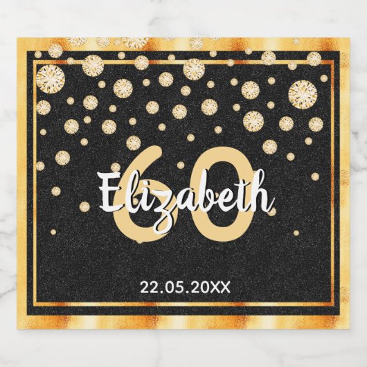 60e verjaardag diamanten glitter zwart goud sparkling wijnetiket (Enkel label)