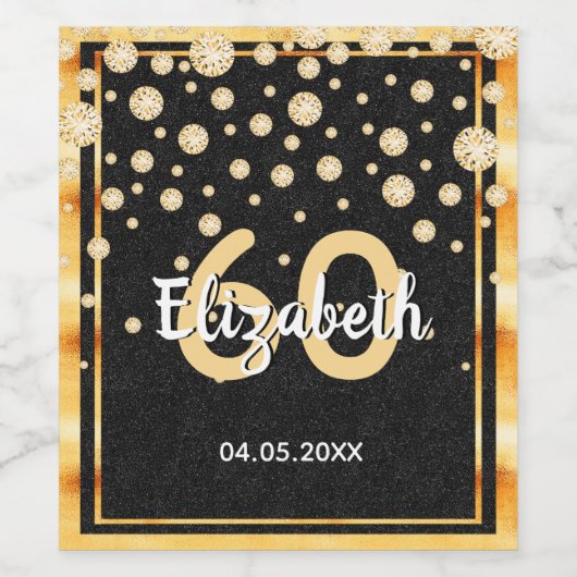 60e verjaardag diamanten glitter zwart goud wijn etiket (Enkel label)