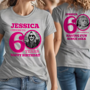 60e verjaardag dubbelzijdige foto naam roze tekst t-shirt