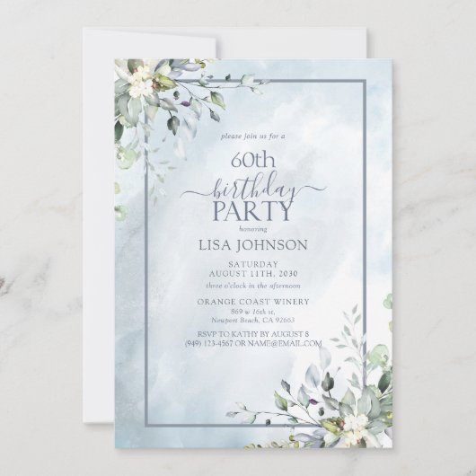 60e verjaardag Dusty Blue Botanical Greenery Kaart (Voorkant)