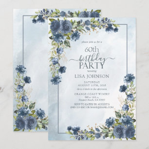 60e verjaardag Dusty Blue Waterverf Floral Kaart