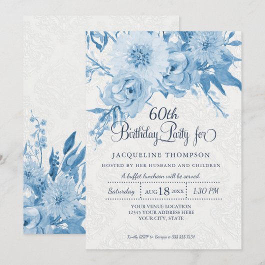 60e Verjaardag Dusty Blue White Lace Damask Floral Kaart (Voorkant / Achterkant)