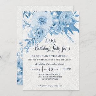 60e verjaardag Dusty Blue White Lace Damask Floral Kaart