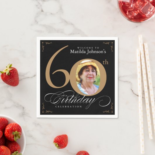 60e verjaardag Elegant Black Gold Calligrafie Foto Servet (Insitu)