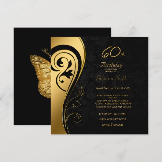 60e verjaardag Elegant Black & Gold Swirls Kaart (Voorkant / Achterkant)