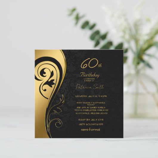 60e verjaardag Elegant Black & Gold Swirls Kaart (Staand voorkant)