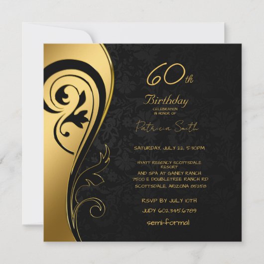 60e verjaardag Elegant Black & Gold Swirls Kaart (Voorkant)