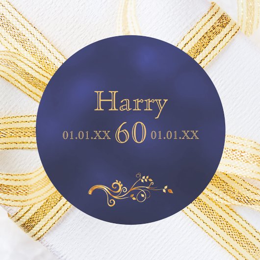 60e verjaardag elegant donkerblauw en goud ronde sticker