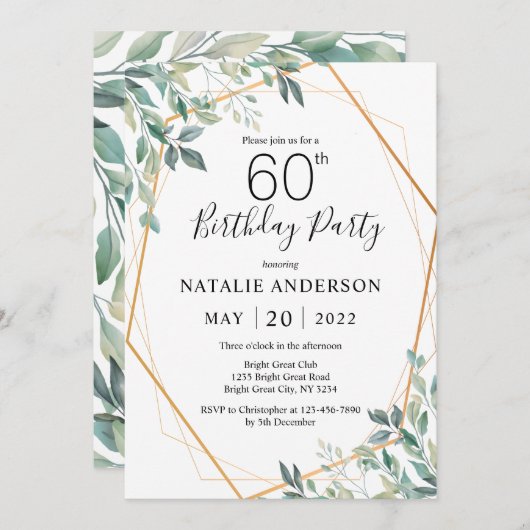 60e verjaardag Elegant Eucalyptus Greenery and Gol Kaart (Voorkant / Achterkant)
