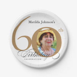 60e verjaardag Elegant Gold White Calligrafie Foto Papieren Bordje