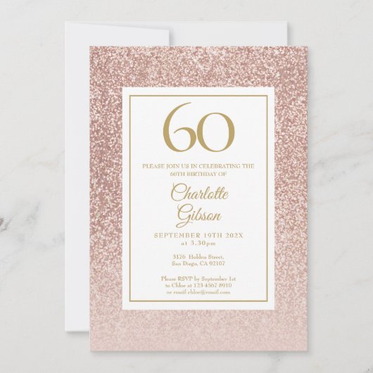 60e Verjaardag Elegant Roos Gouden Glitter Kaart (Voorkant)