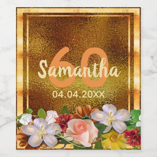 60e verjaardag elegant rustig goud met bloemen wijn etiket (Enkel label)