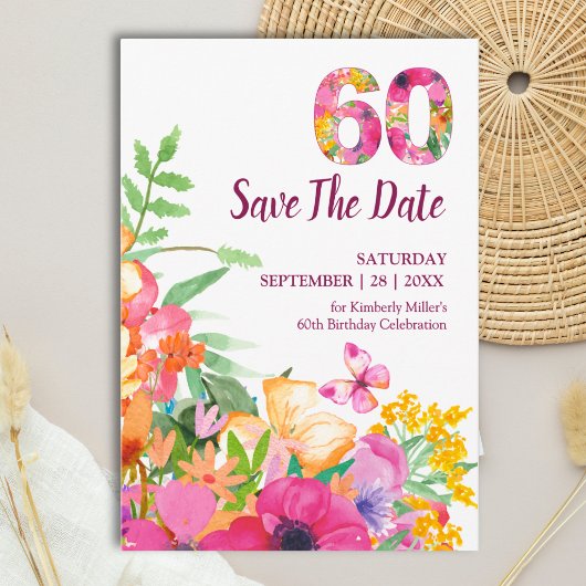 60e verjaardag Elegante bloementuin Vlinders Save The Date