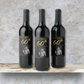 60e verjaardag Elegante foto Zwart Goud Wijnlabel Wijn Etiket
