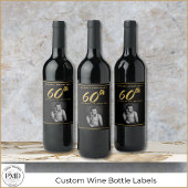 60e verjaardag Elegante foto Zwart Goud Wijnlabel Wijn Etiket