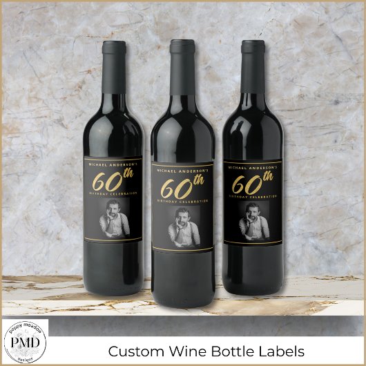 60e verjaardag Elegante foto Zwart Goud Wijnlabel Wijn Etiket
