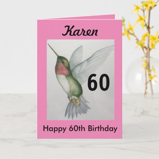 60e Verjaardag Elegante Roze Kolibrie Waterverf Kaart (Gele Bloem)