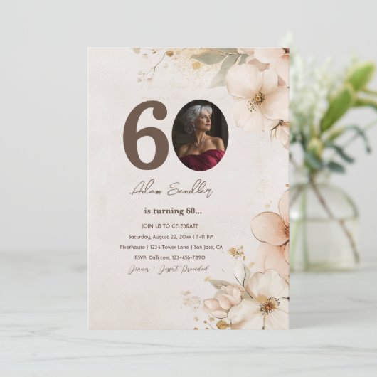 60e verjaardag en bloemen uitnodigingen (Staand voorkant)