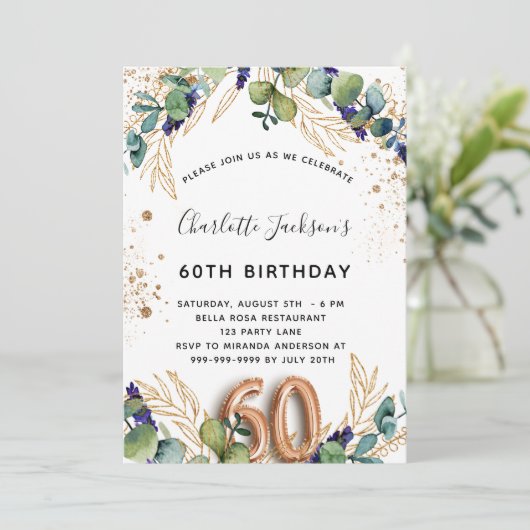 60e verjaardag eucalyptus greenery glitter elegant kaart (Staand voorkant)
