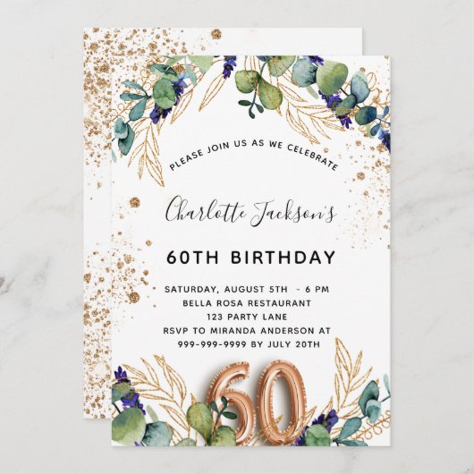 60e verjaardag eucalyptus greenery glitter elegant kaart (Voorkant / Achterkant)