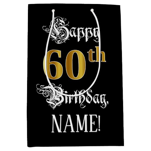 60e verjaardag ~ Fancy script; Faux Gold look; naa Medium Cadeauzakje (Voorkant)