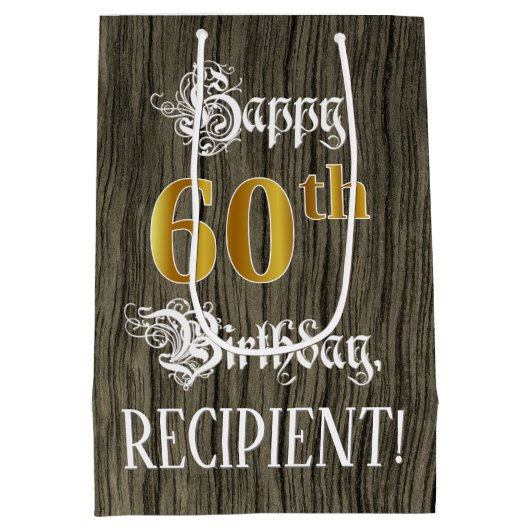 60e verjaardag: Faux Gold look & Faux Wood Pattern Medium Cadeauzakje (Achterkant)