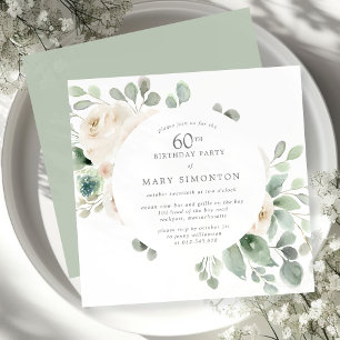 60e Verjaardag Feest Witte Roos Bloemen Eucalyptus Kaart