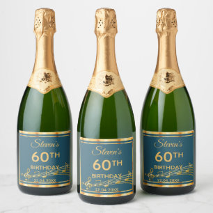 60e verjaardag feestje elegant blauwgroen en goude sparkling wijnetiket