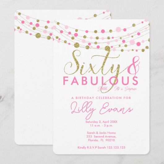 60e verjaardag feestuitnodiging, roze en goud kaart (Voorkant / Achterkant)