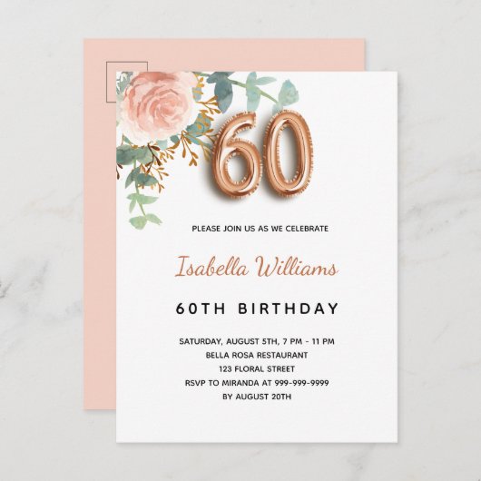 60e verjaardag floraal roos goud eucalyptus greene uitnodiging briefkaart (Voorkant / Achterkant)