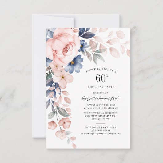 60e verjaardag Floral Dusty Blue Pink Kaart (Voorkant)