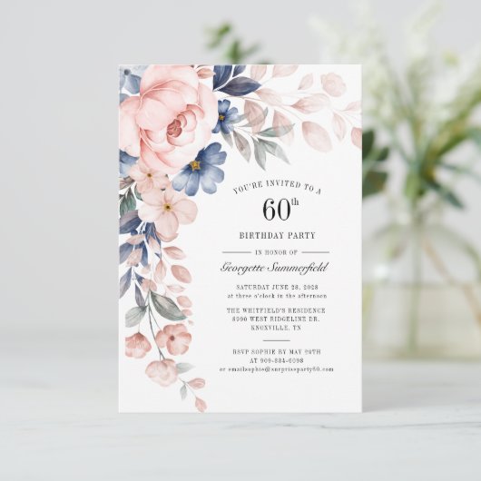 60e verjaardag Floral Dusty Blue Pink Kaart (Staand voorkant)
