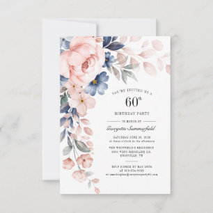 60e verjaardag Floral Dusty Blue Pink Kaart