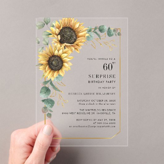 60e verjaardag Floral Eucalyptus Zonnebloem Acryl Uitnodigingen (Insitu (Draagbaar))