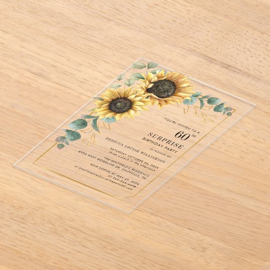 60e verjaardag Floral Eucalyptus Zonnebloem Acryl Uitnodigingen (Laagn)