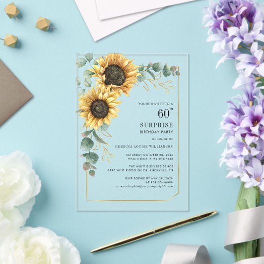 60e verjaardag Floral Eucalyptus Zonnebloem Acryl Uitnodigingen (Insitu (Huwelijk))