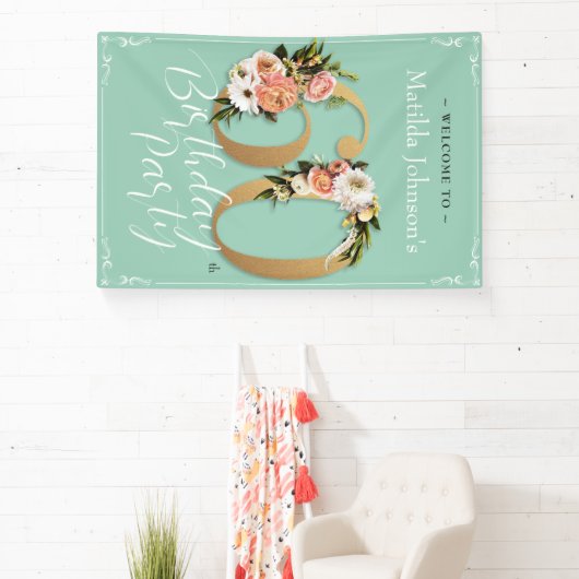 60e verjaardag Floral Mint Gold Glamoureus Welkom Spandoek (Insitu)