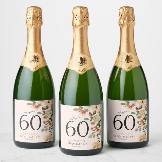 60e  verjaardag Floral Sparkling Wijnetiket (Flessen)