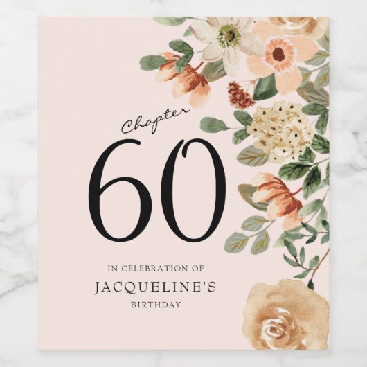 60e  verjaardag Floral Wijn Etiket (Enkel label)