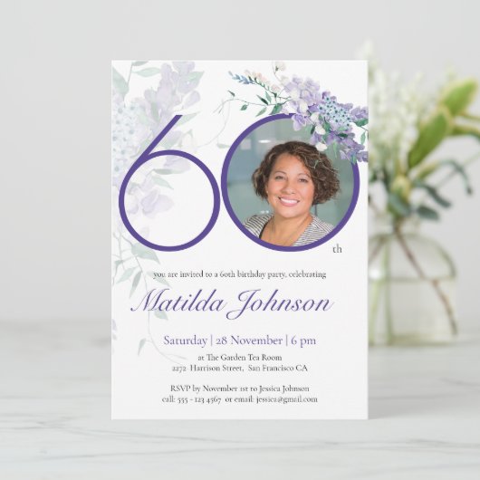 60e verjaardag Floral Wisteria Paars Elegant Foto Kaart (Staand voorkant)