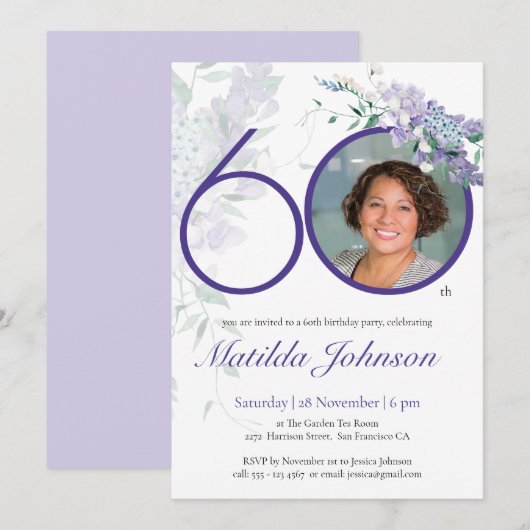 60e verjaardag Floral Wisteria Paars Elegant Foto Kaart (Voorkant / Achterkant)