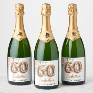 60e verjaardag florale roos goud eucalyptusmonogra sparkling wijnetiket