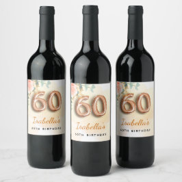 60e verjaardag florale roos goud eucalyptusmonogra wijn etiket
