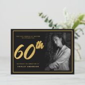 60e Verjaardag Foto Black Faux Gold Leaf Elegant Kaart (Staand voorkant)