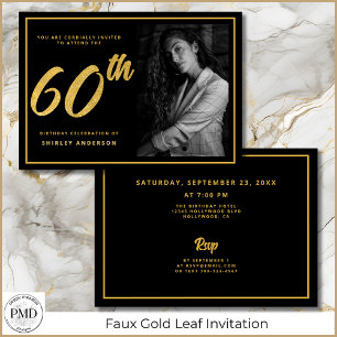 60e Verjaardag Foto Black Faux Gold Leaf Elegant Kaart