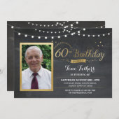 60e verjaardag Foto Chalk Rustic Gold Invitation Kaart (Voorkant / Achterkant)